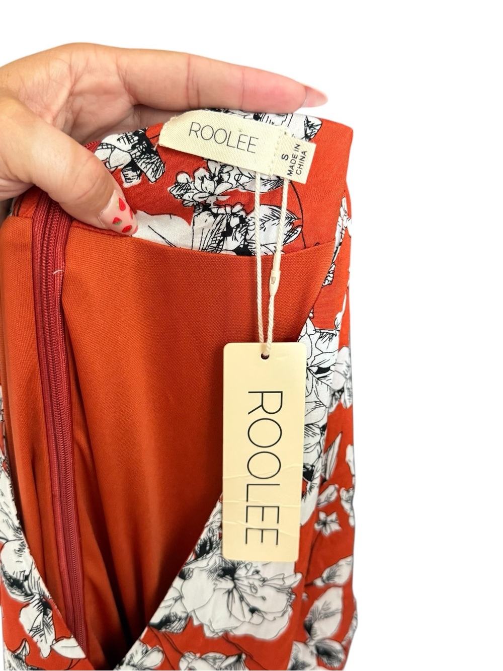 Roolee Burnt Orange w/ Black & White Floral Wrap-Style Ruffle Accent Maxi Dress - Picture 2 of 14